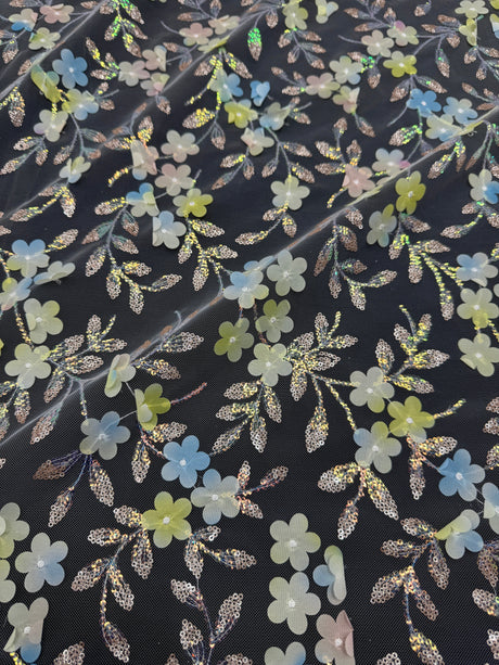 3D Floral Embroidered Tulle Blue Yellow Multicolor