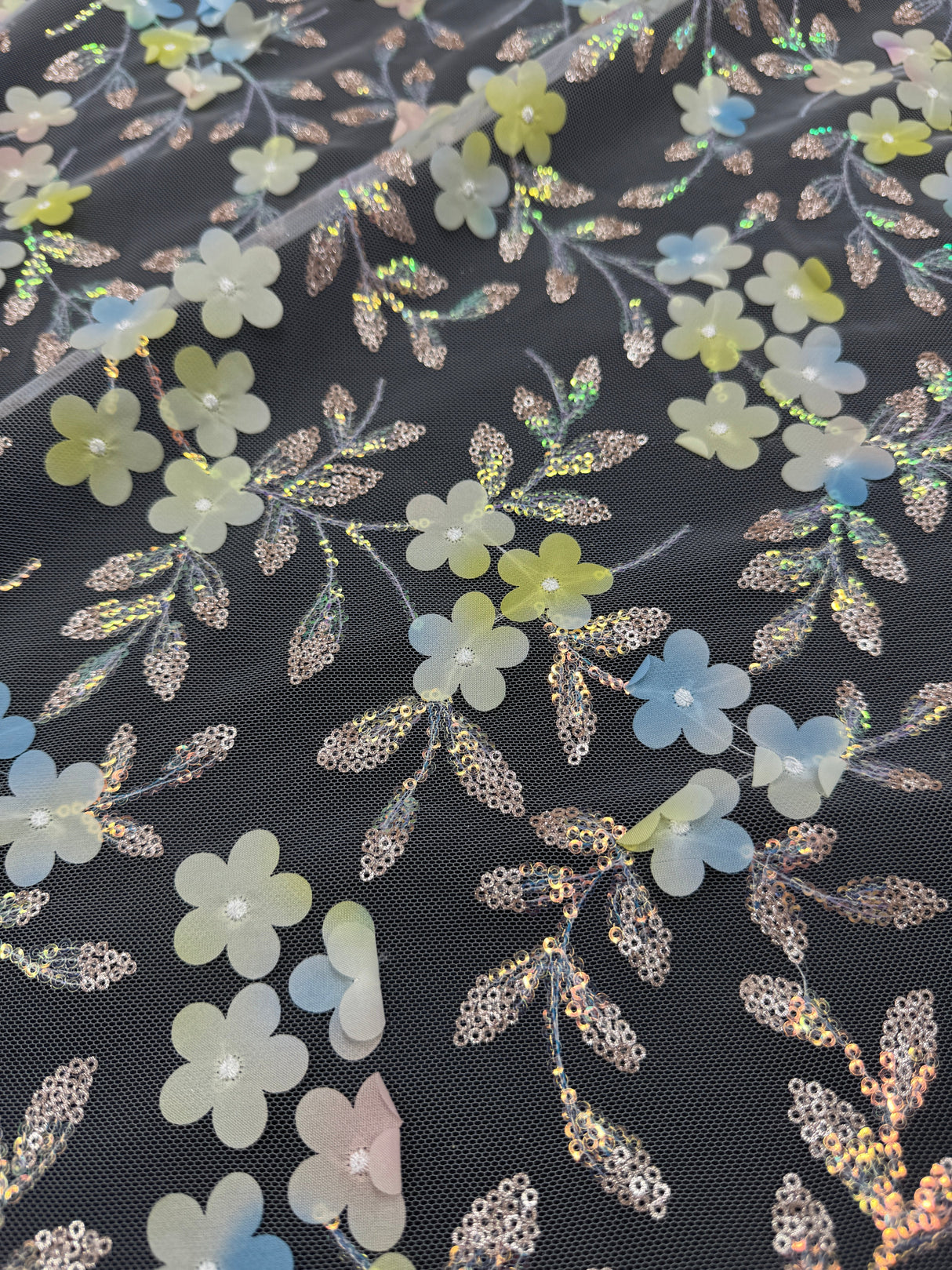 3D Floral Embroidered Tulle Blue Yellow Multicolor