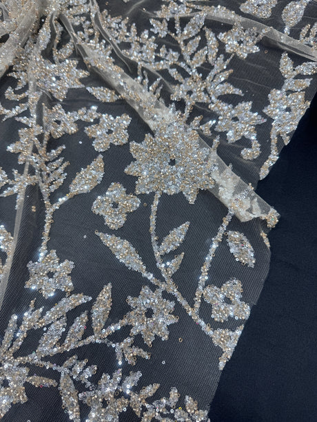Beaded Floral Lace Silver Champagne