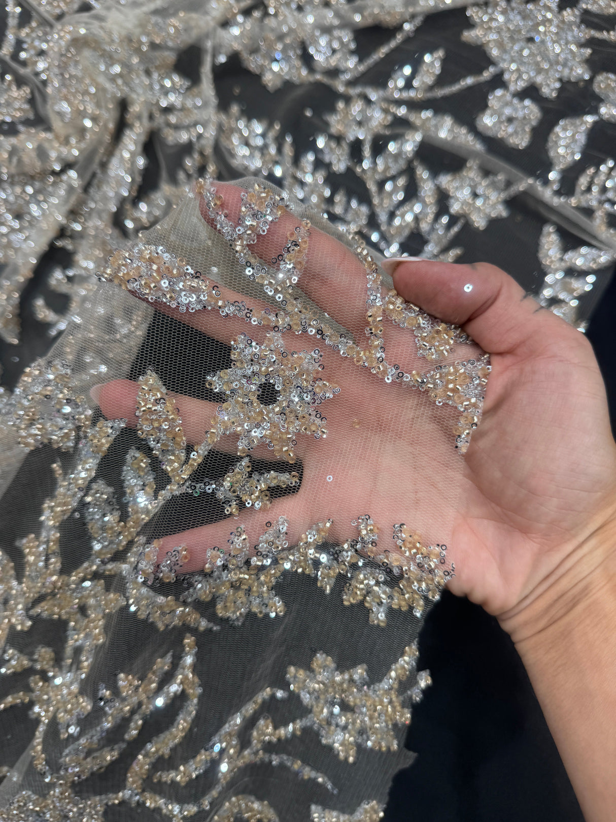 Beaded Floral Lace Silver Champagne