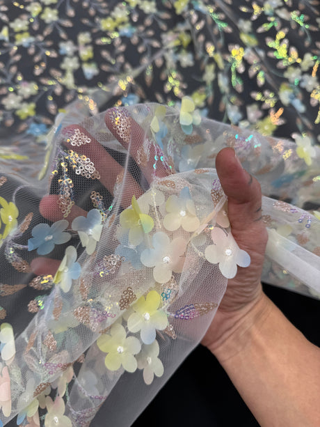 3D Floral Embroidered Tulle Blue Yellow Multicolor