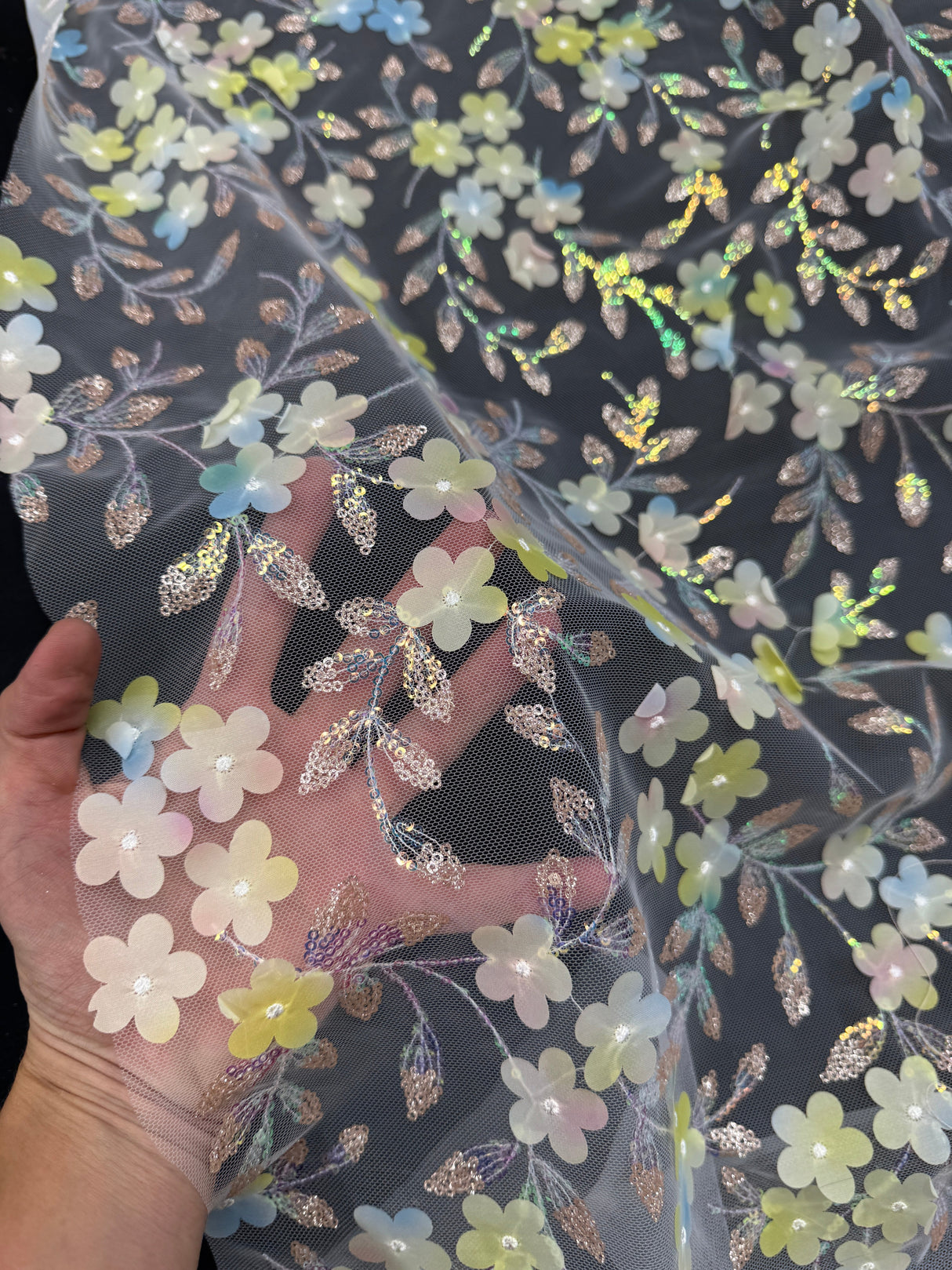 3D Floral Embroidered Tulle Blue Yellow Multicolor