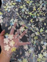 3D Floral Embroidered Tulle Blue Yellow Multicolor