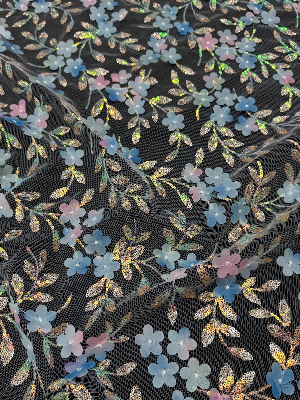 3D Floral Embroidered Tulle Blue Multicolor