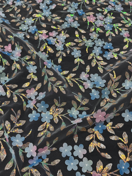 3D Floral Embroidered Tulle Blue Multicolor