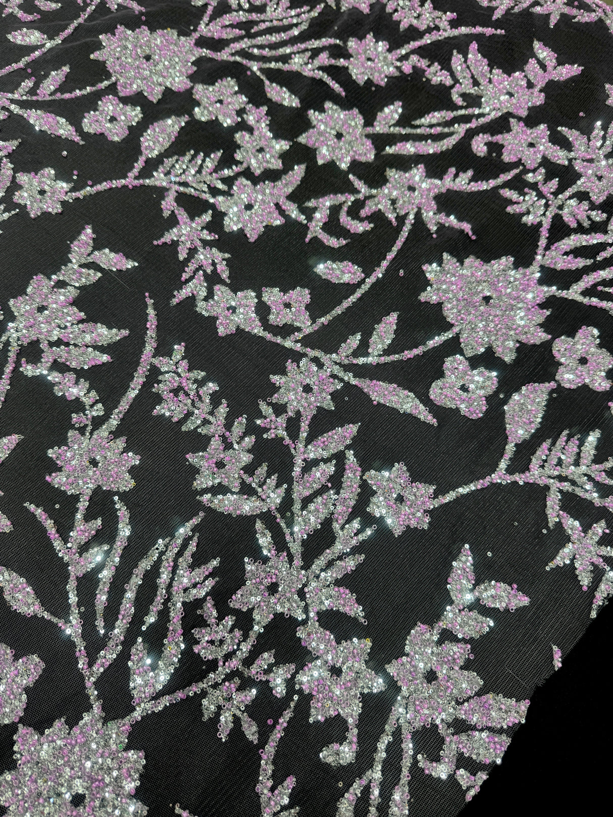 Beaded Floral Lace Lavender Silver