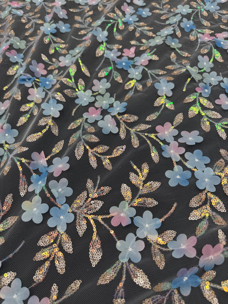 3D Floral Embroidered Tulle Blue Multicolor