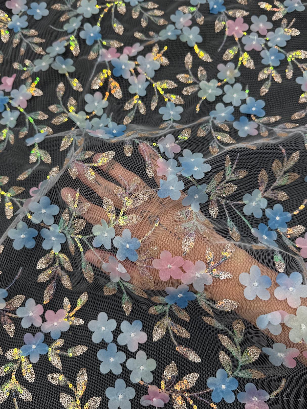 3D Floral Embroidered Tulle Blue Multicolor