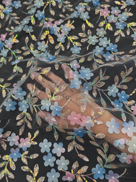 3D Floral Embroidered Tulle Blue Multicolor