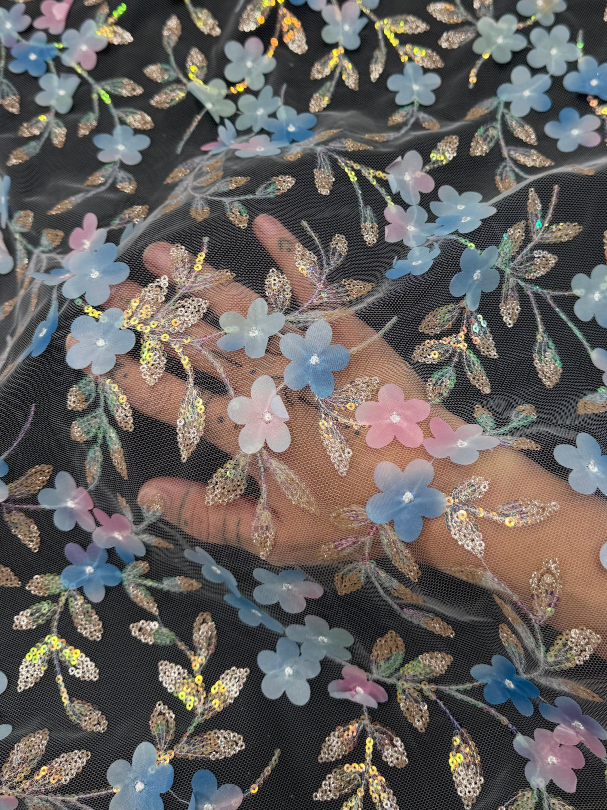 3D Floral Embroidered Tulle Blue Multicolor