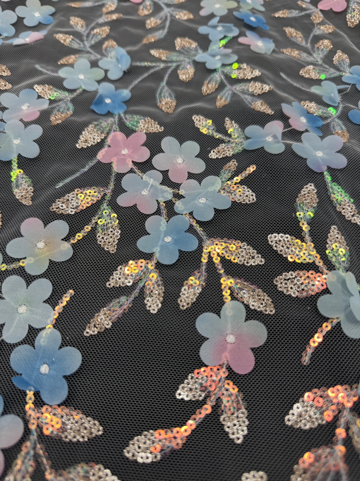 3D Floral Embroidered Tulle Blue Multicolor