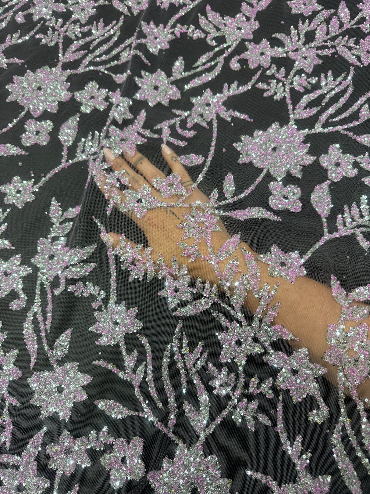 Beaded Floral Lace Lavender Silver