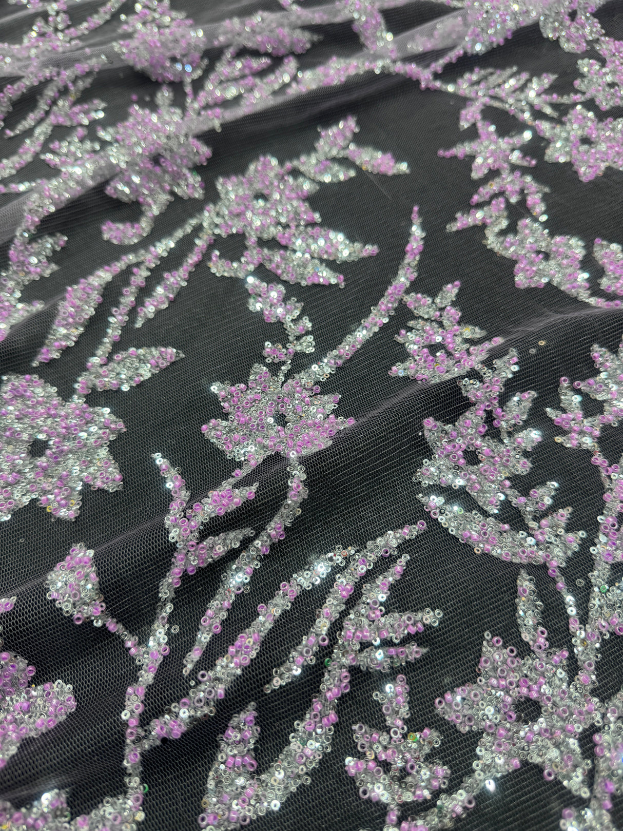 Beaded Floral Lace Lavender Silver