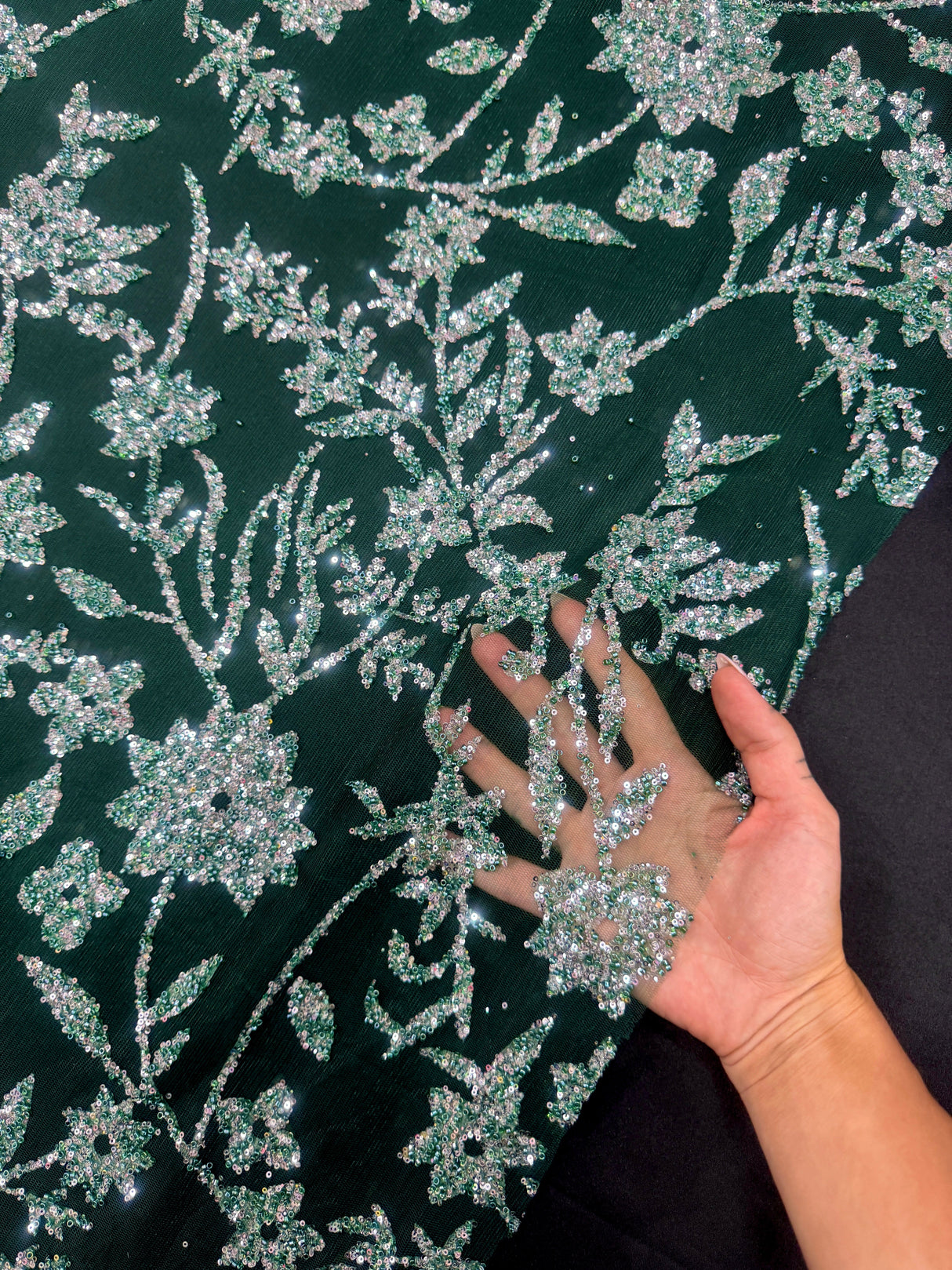 Beaded Floral Lace Green Silver