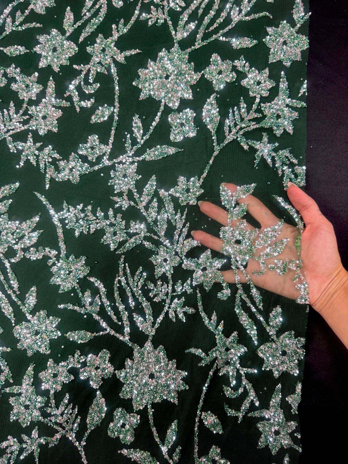Beaded Floral Lace Green Silver