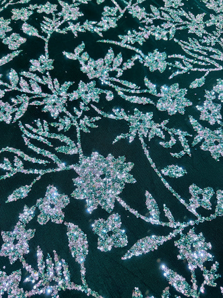 Beaded Floral Lace Green Silver
