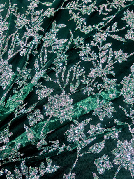 Beaded Floral Lace Green Silver