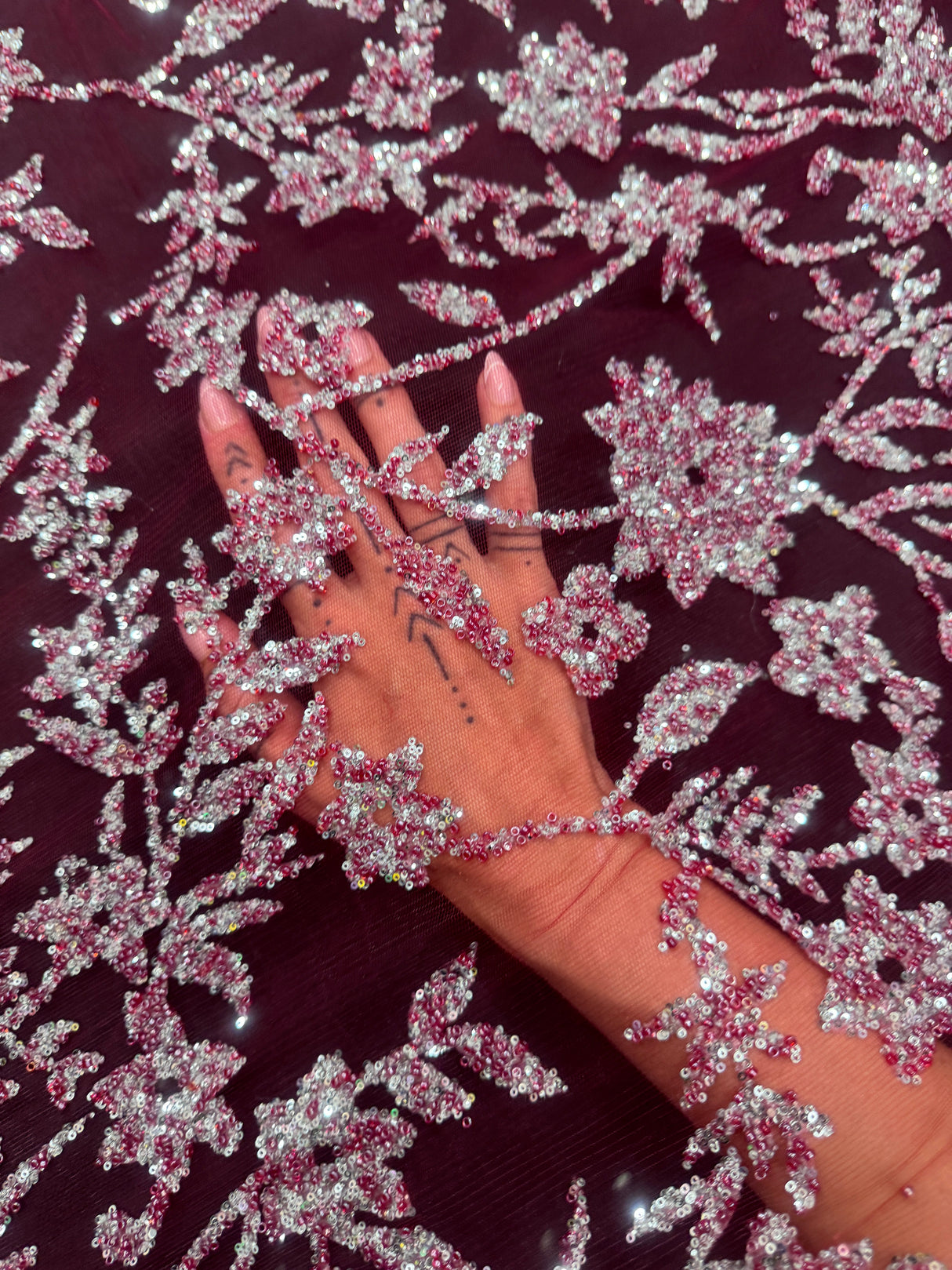 Beaded Floral Lace Wine Silver