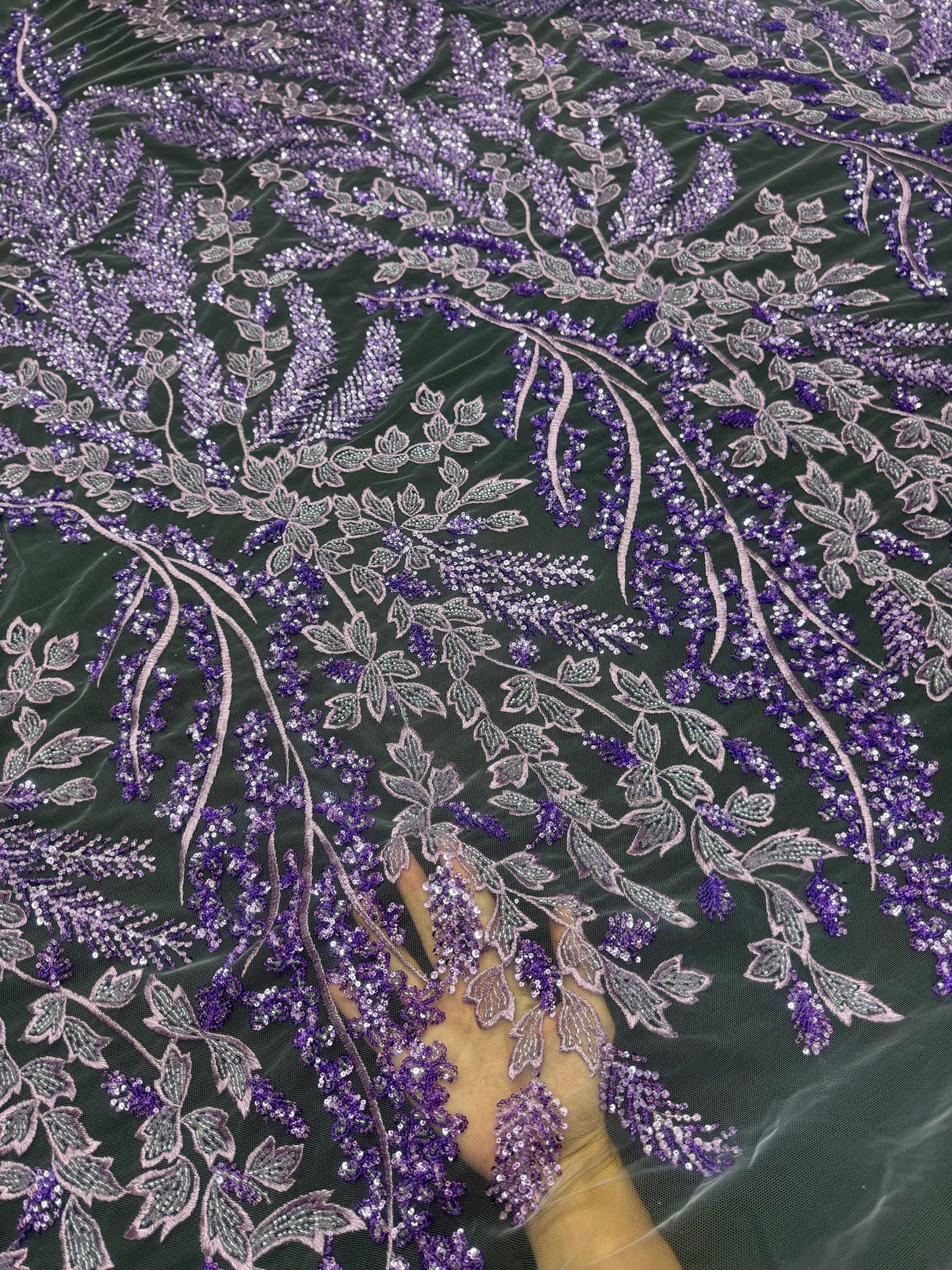 Beaded Embroidered Lace Lavender Leaves
