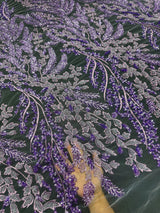 Beaded Embroidered Lace Lavender Leaves