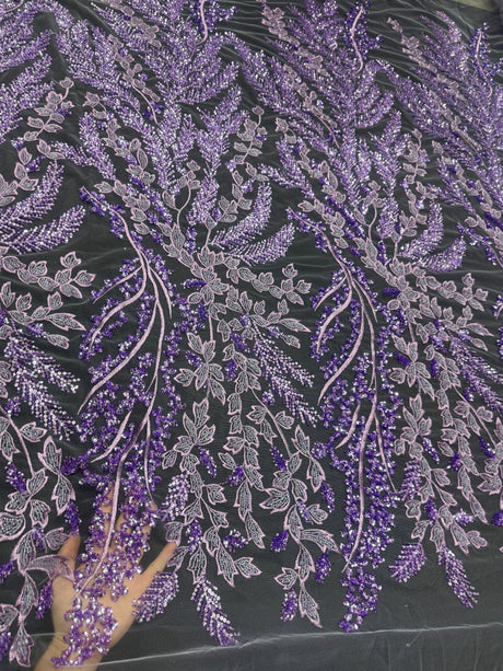 Beaded Embroidered Lace Lavender Leaves