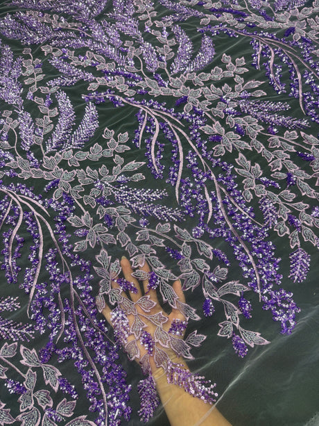 Beaded Embroidered Lace Lavender Leaves
