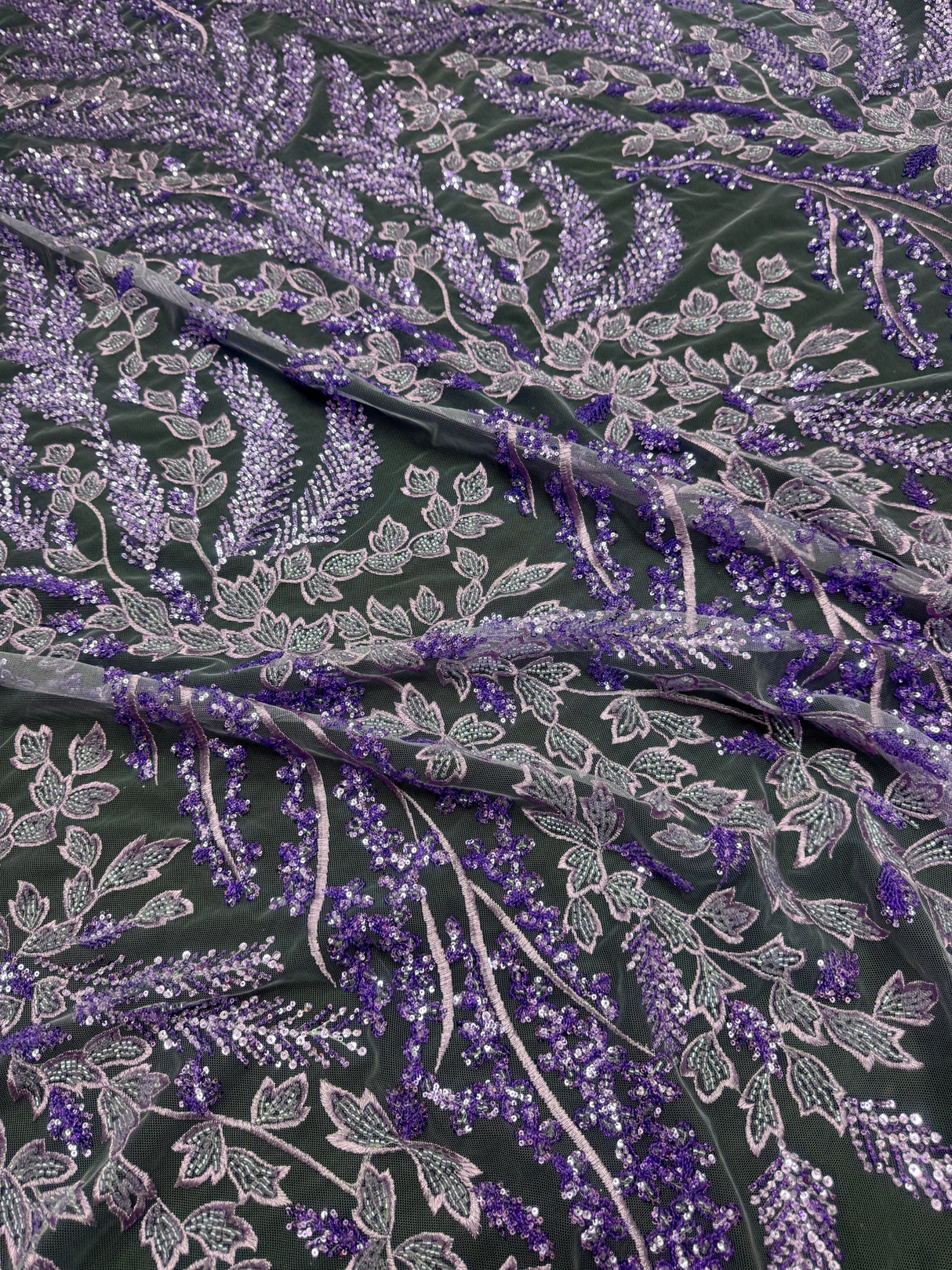 Beaded Embroidered Lace Lavender Leaves