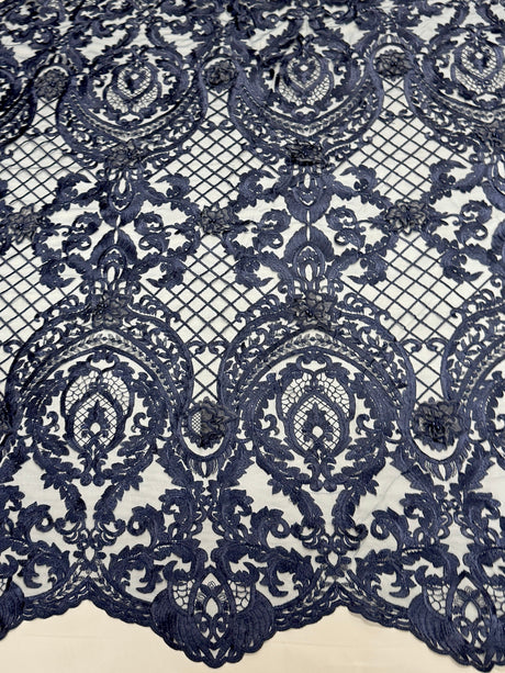 Embroidered Scalloped Lace Navy Baroque