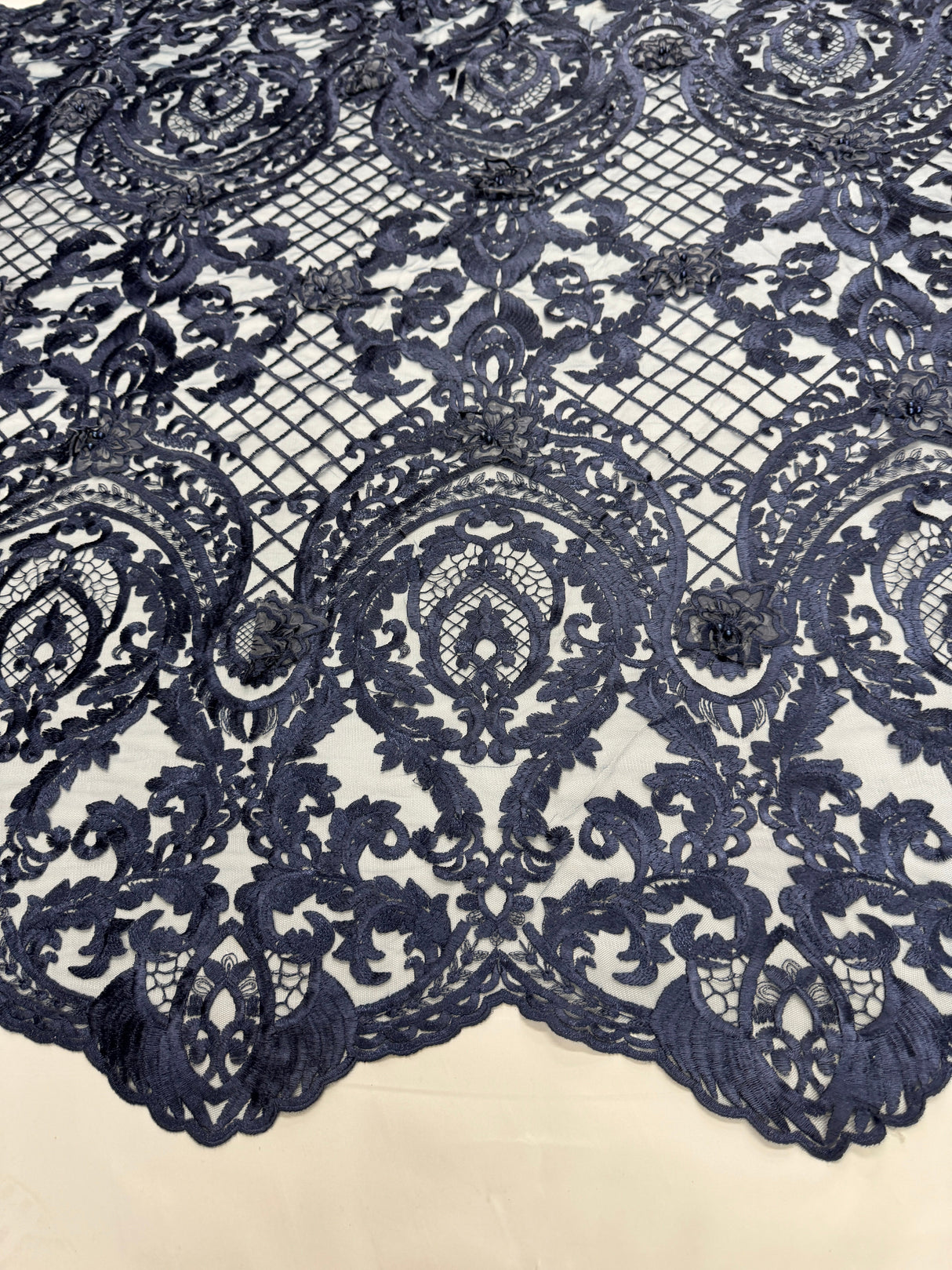 Embroidered Scalloped Lace Navy Baroque