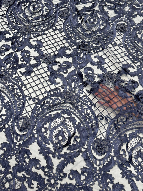 Embroidered Scalloped Lace Navy Baroque