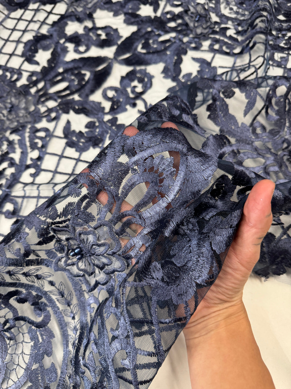 Embroidered Scalloped Lace Navy Baroque
