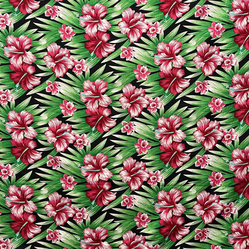 Multicolor Hibiscus Flowers Polyester Fabric - Blue & Green, Palm Trees And Hibiscus Flowers, 60" Width (1 Yard)
