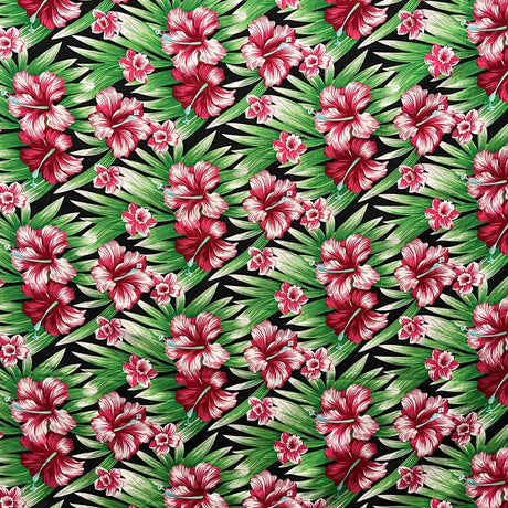 Multicolor Hibiscus Flowers Polyester Fabric - Blue & Green, Palm Trees And Hibiscus Flowers, 60" Width (1 Yard)