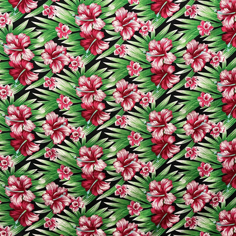 Multicolor Hibiscus Flowers Polyester Fabric - Tropical Hibiscus And Palm Tree Print, 60" Width (1 Yard)