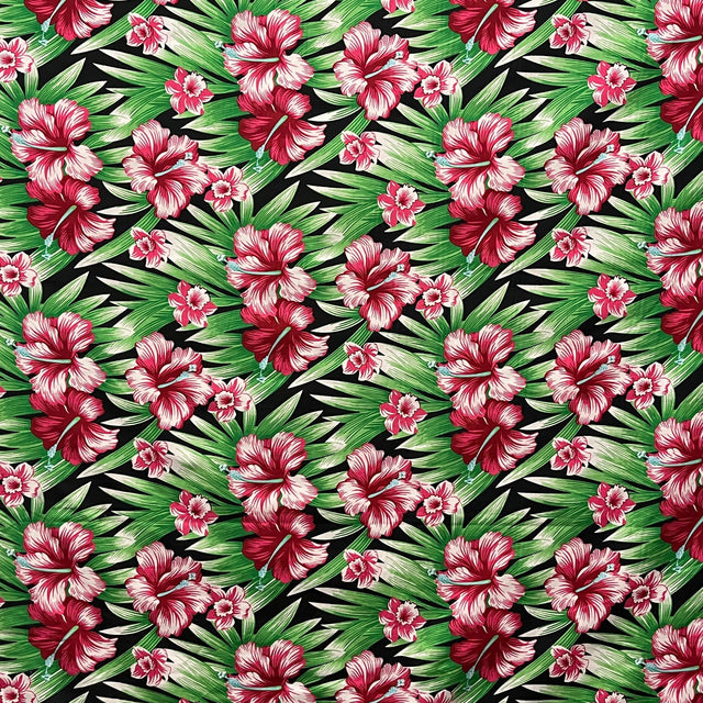 Multicolor Hibiscus Flowers Polyester Fabric - Tropical Hibiscus And Palm Tree Print, 60" Width (1 Yard)
