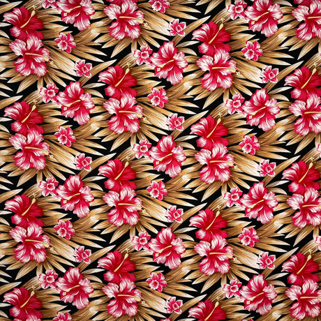 Multicolor Hibiscus Flowers Polyester Fabric - Blue & Green, Palm Trees And Hibiscus Flowers, 60" Width (1 Yard)
