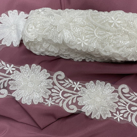 Beaded 3D Floral Lace Trimming Polyester Fabric - White, 3.5" Width (1 Yard)