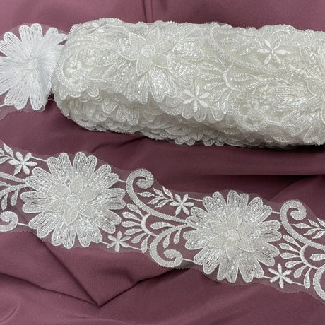 1 Yard Beaded 3D Floral Lace Trimming Embroidered on 100% Polyester Net Mesh 3.5" Wide