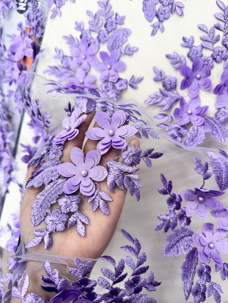 3D Flower Scalloped Mesh Lace Lavender