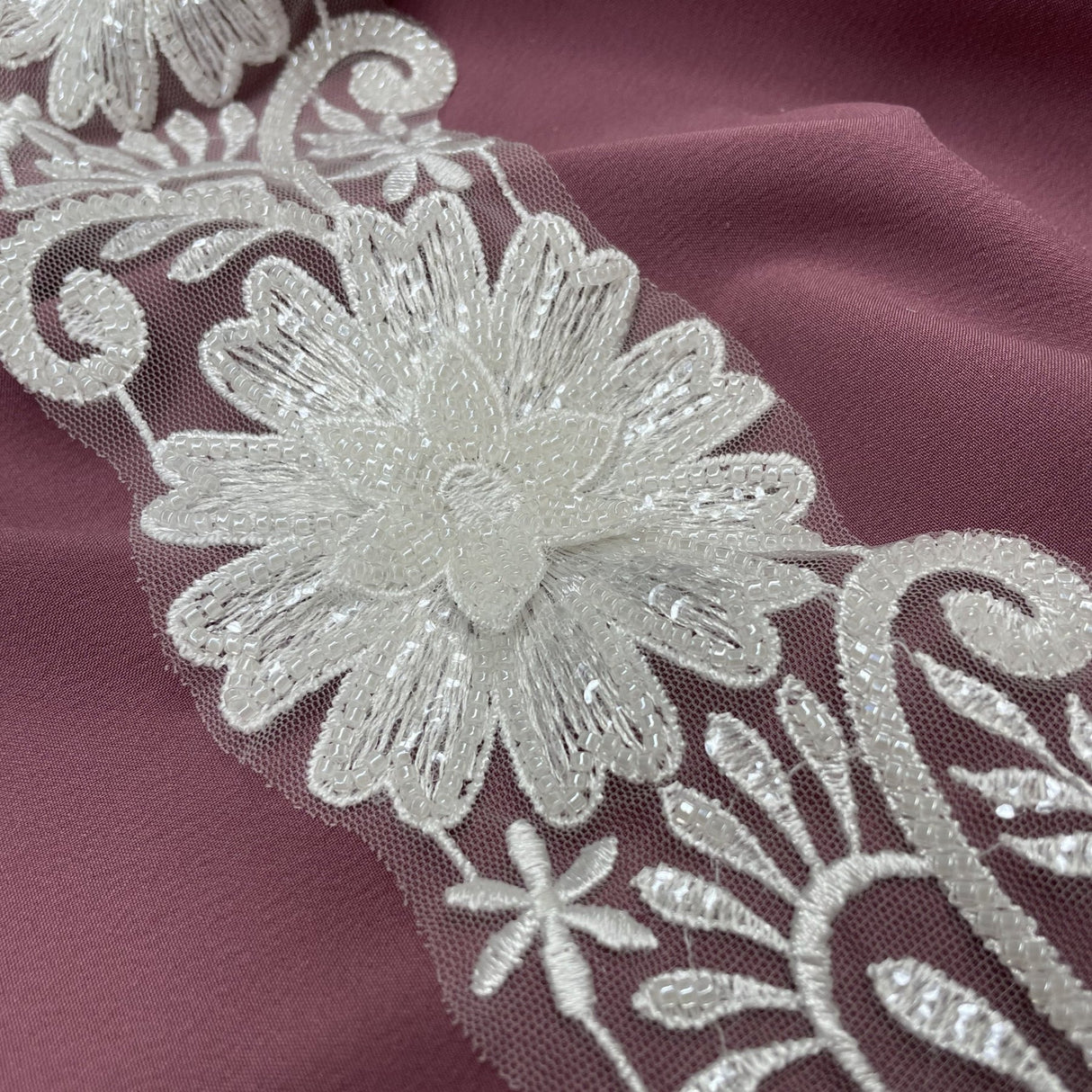 1 Yard Beaded 3D Floral Lace Trimming Embroidered on 100% Polyester Net Mesh 3.5" Wide