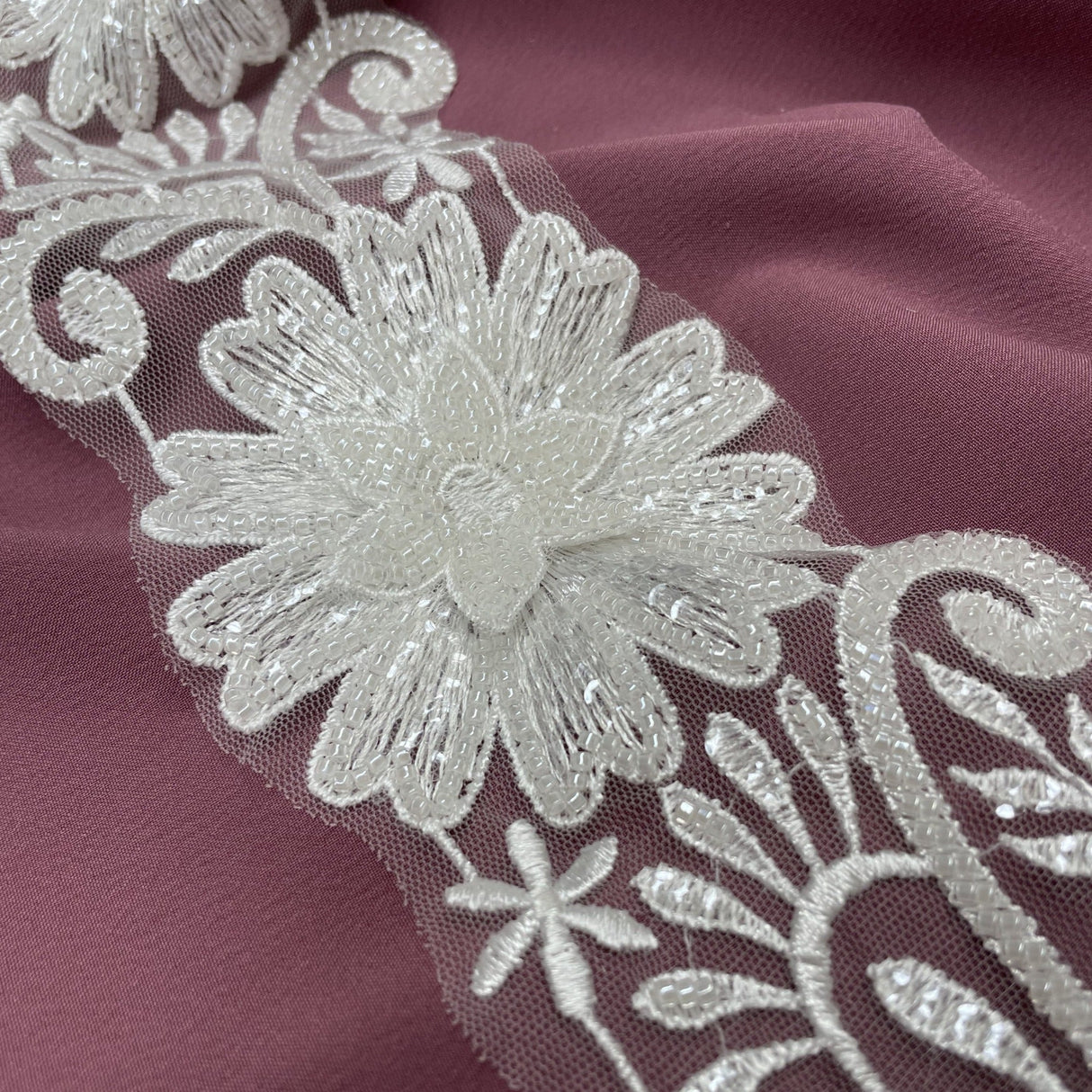 Beaded 3D Floral Lace Trimming Polyester Fabric - White, 3.5" Width (1 Yard)