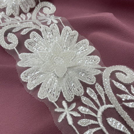 Beaded 3D Floral Lace Trimming Polyester Fabric - White, 3.5" Width (1 Yard)