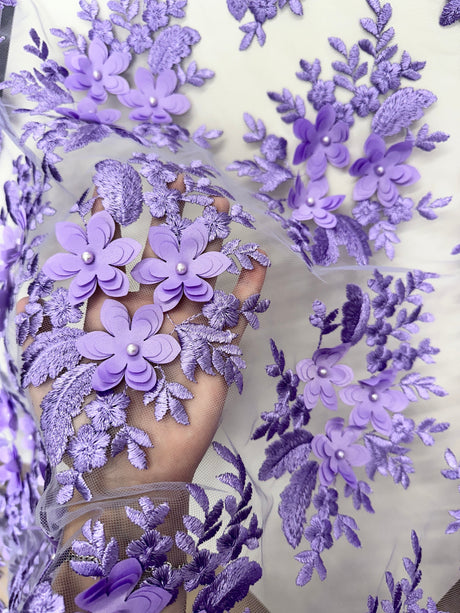 3D Flower Scalloped Mesh Lace Lavender
