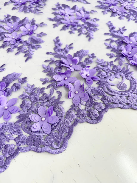 3D Flower Scalloped Mesh Lace Lavender