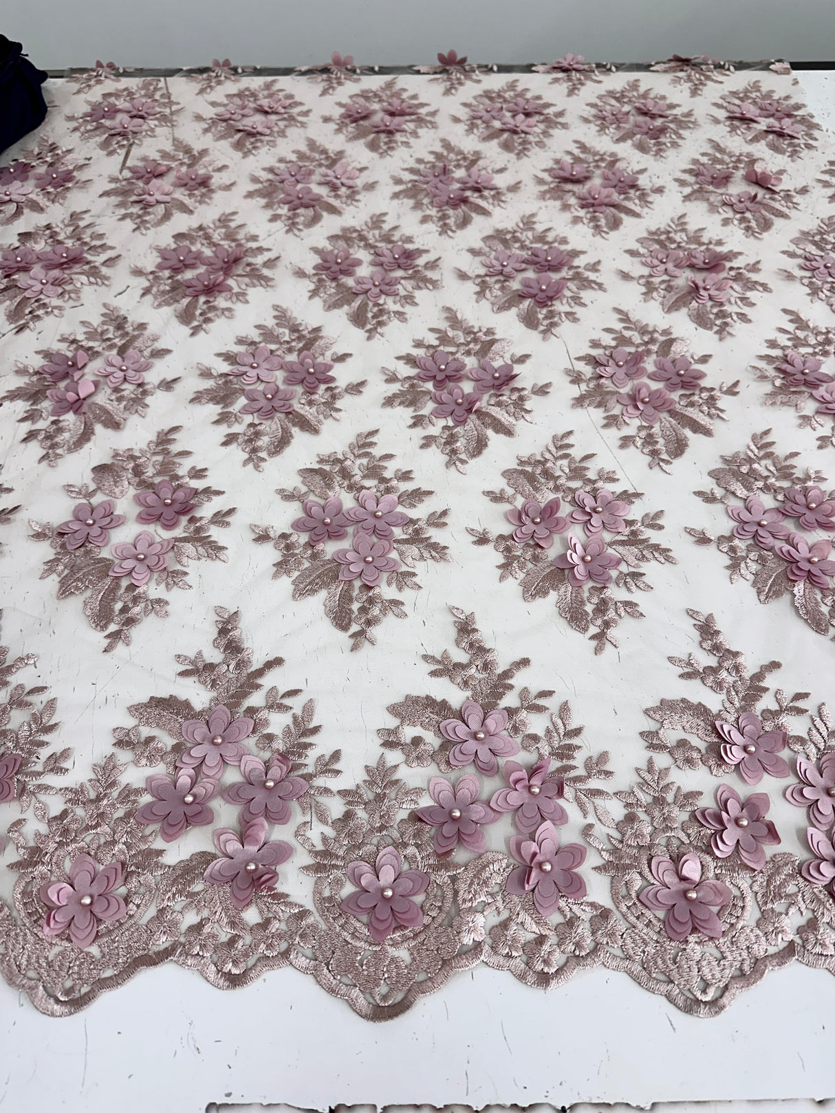 3D Flower Scalloped Mesh Lace Blush