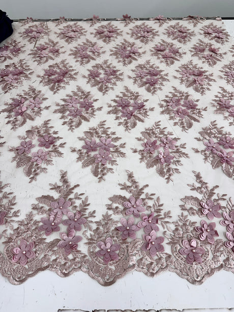 3D Flower Scalloped Mesh Lace Blush