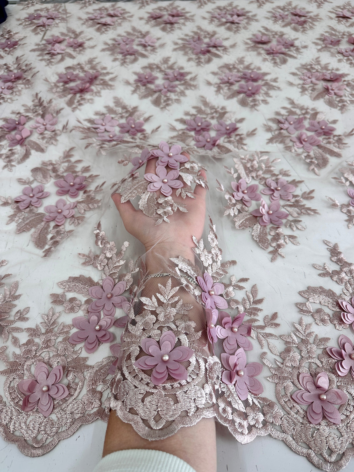 3D Flower Scalloped Mesh Lace Blush