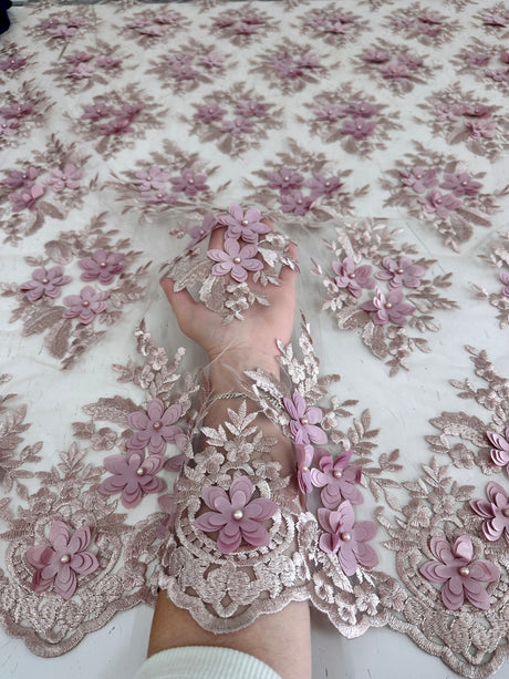 3D Flower Scalloped Mesh Lace Blush