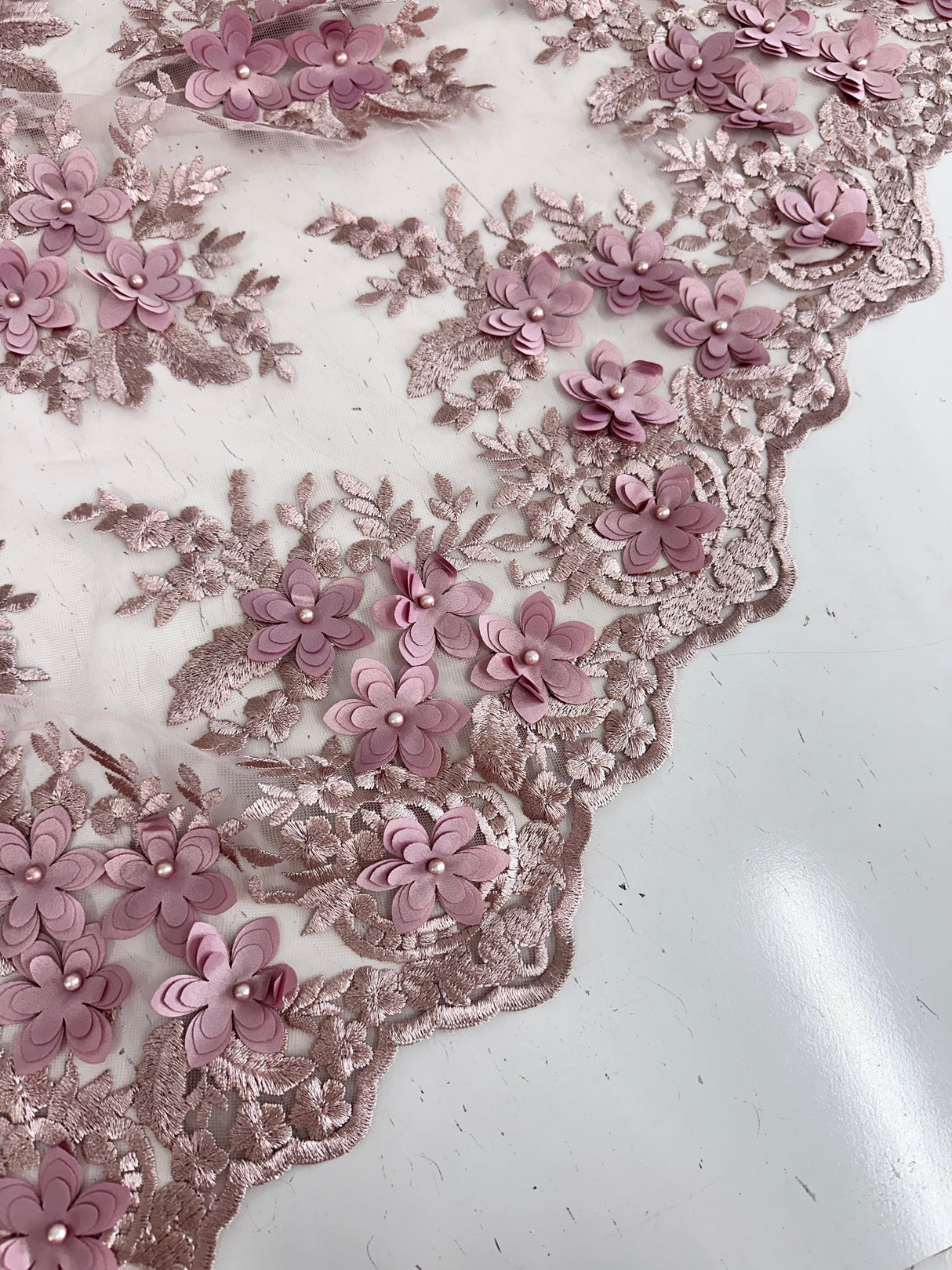 3D Flower Scalloped Mesh Lace Blush