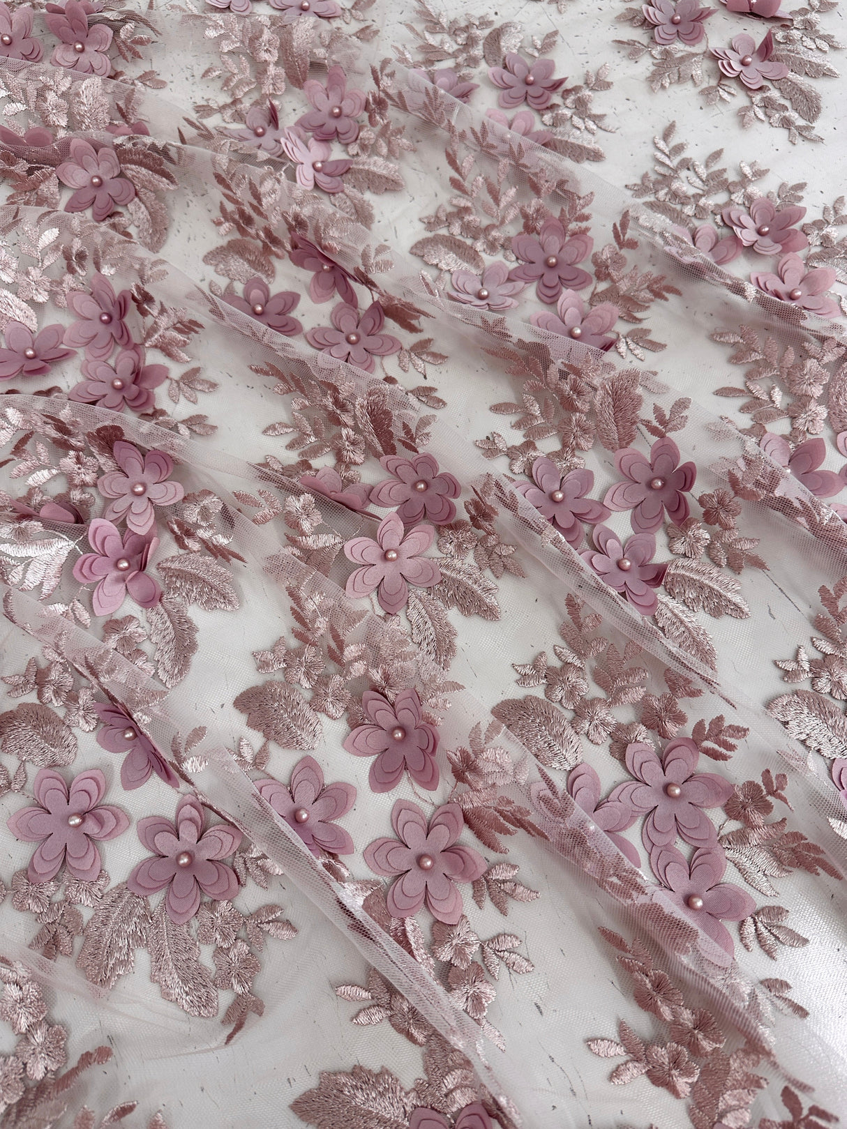 3D Flower Scalloped Mesh Lace Blush